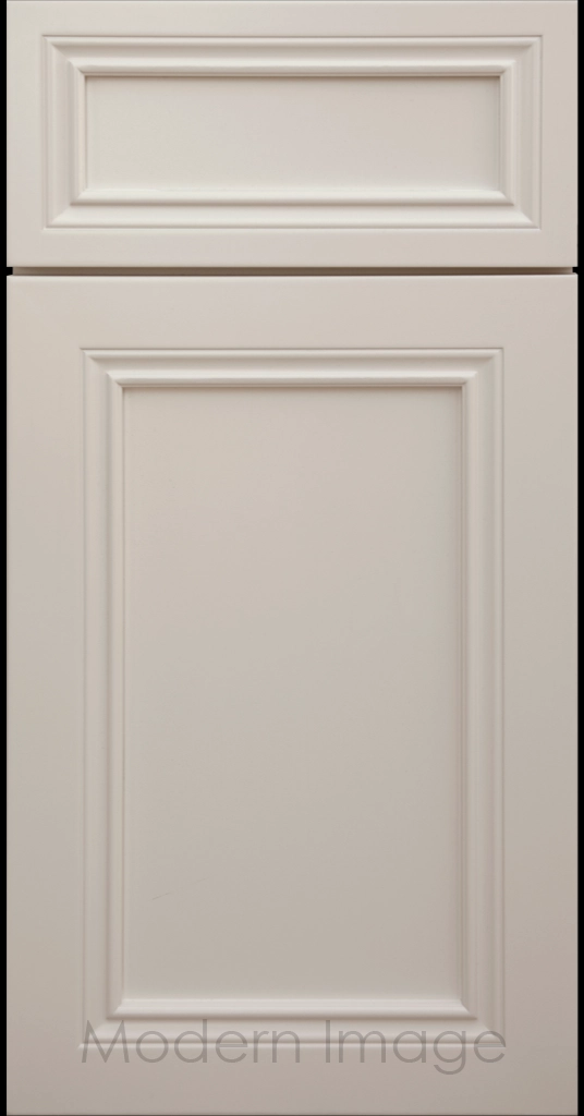 Close-up of Corona cabinets in Beige with mitered molding and flat center panel.